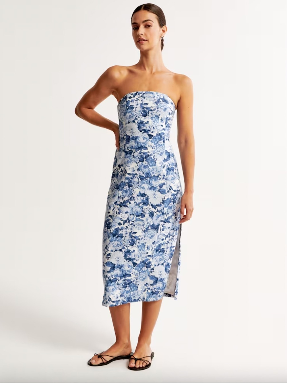 Abercrombie & Fitch Blue Floral Strapless Midi Dress